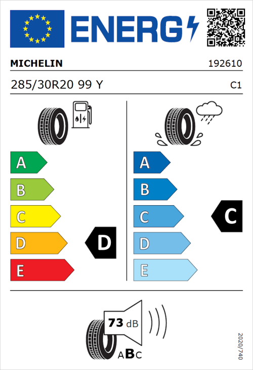 Tyre Label for Michelin Pilot Sport Cup 2 285/30R20 99Y