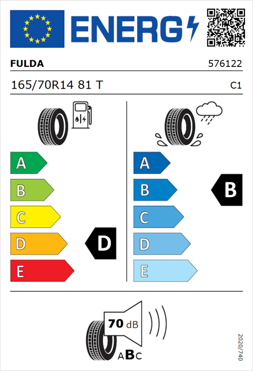 Tyre Label for Fulda EcoControl 165/70R14 81T