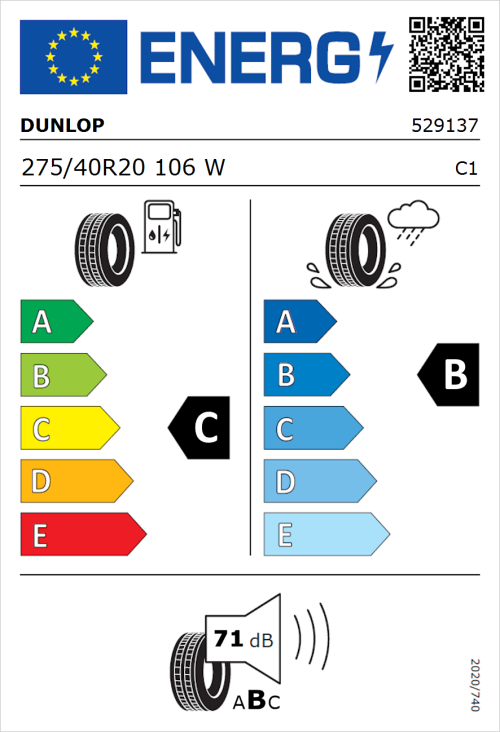 Tyre Label for Dunlop SP SPORTMAXX GT 275/40R20 106W