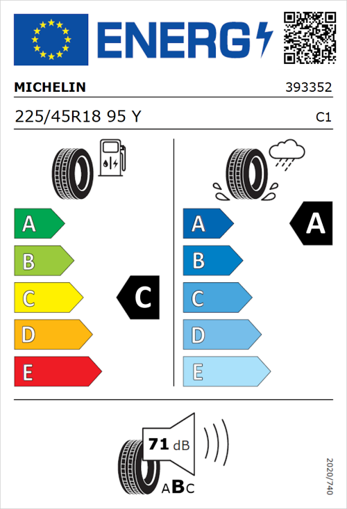 Tyre Label for Michelin Primacy 3 (Zero Pressure) 225/45R18 95Y